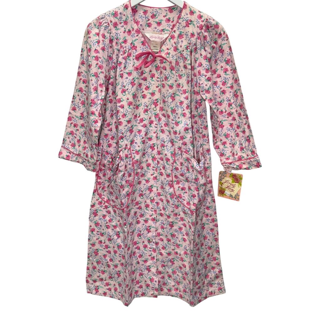 Vintage Lovely Lady Flannel Snap Button Robe House Coat S Pink Floral New